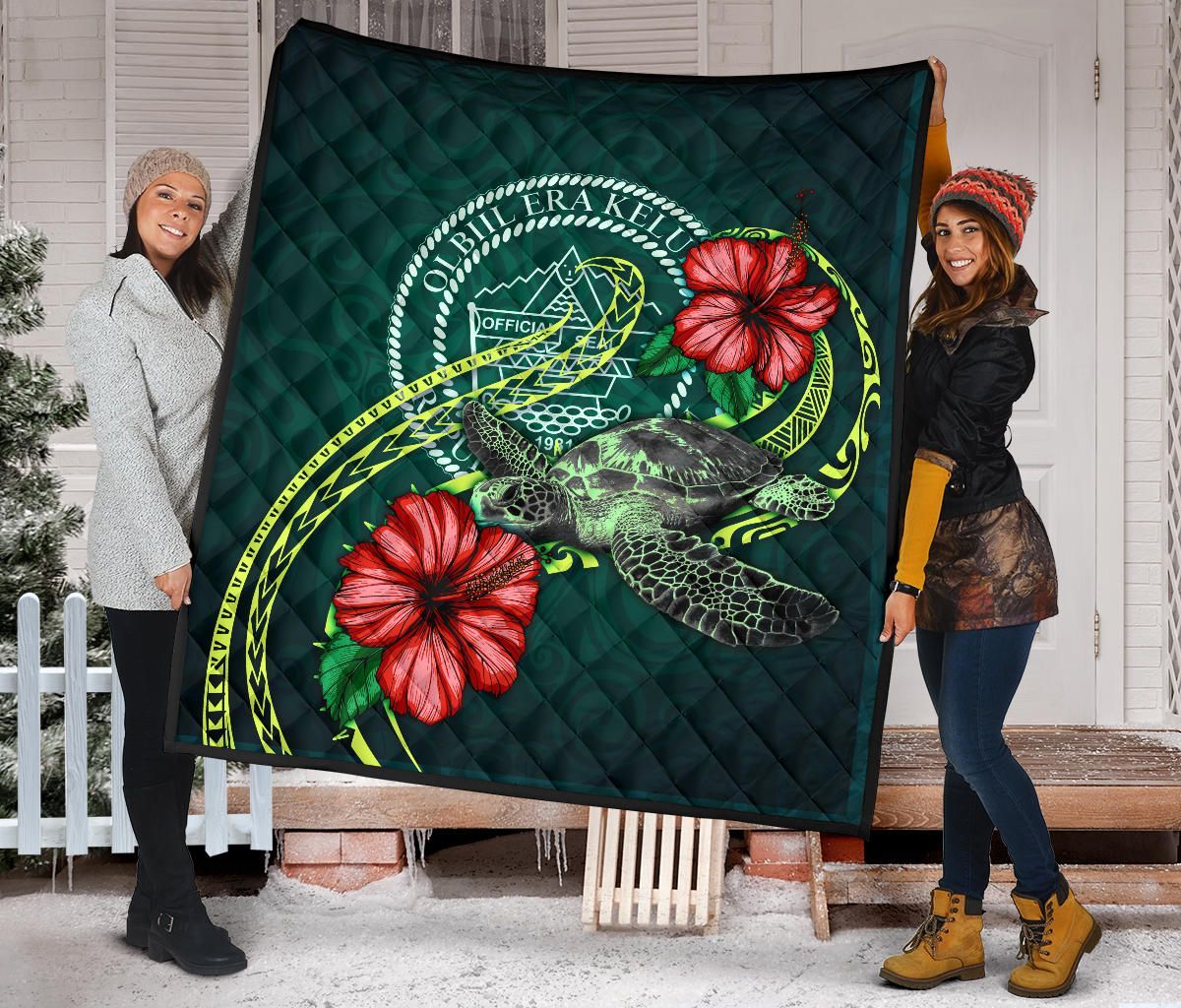 Palau Polynesian Premium Quilt - Green Turtle Hibiscus