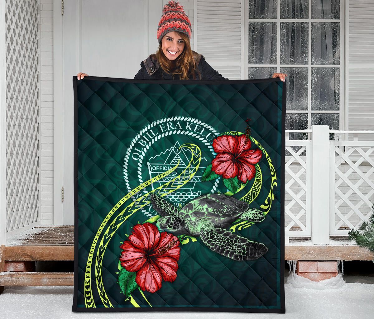 Palau Polynesian Premium Quilt - Green Turtle Hibiscus