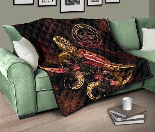 Palau Polynesian Premium Quilt - Turtle With Blooming Hibiscus Gold