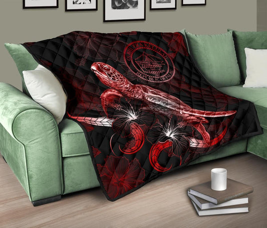 Palau Polynesian Premium Quilt - Turtle With Blooming Hibiscus Red