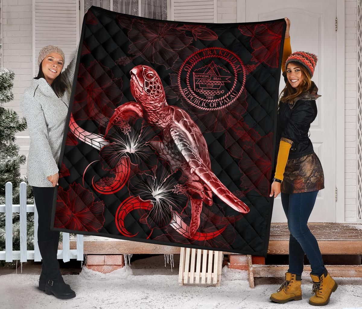 Palau Polynesian Premium Quilt - Turtle With Blooming Hibiscus Red