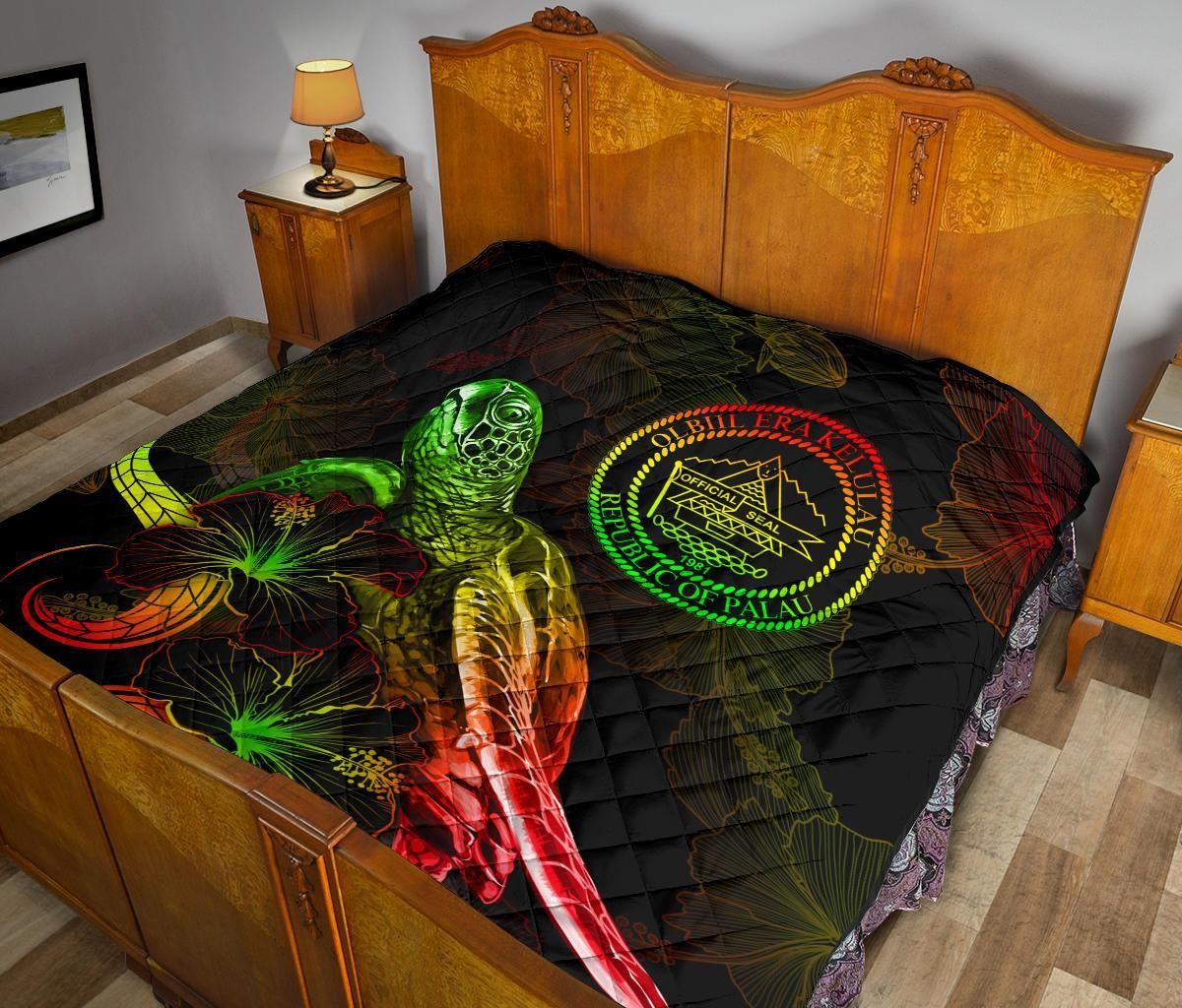 Palau Polynesian Premium Quilt - Turtle With Blooming Hibiscus Reggae