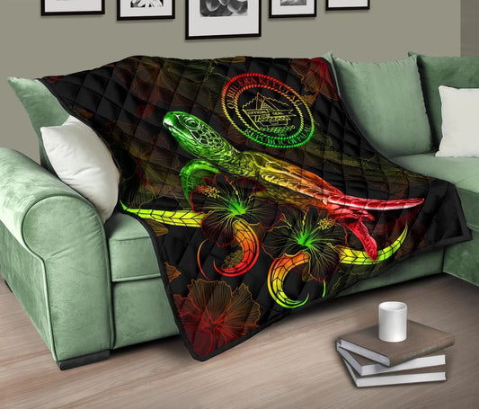 Palau Polynesian Premium Quilt - Turtle With Blooming Hibiscus Reggae