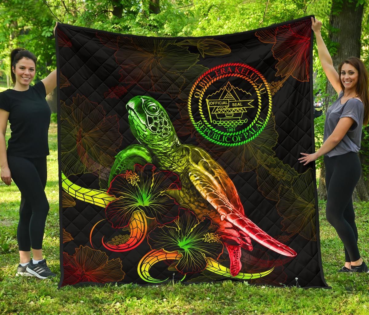 Palau Polynesian Premium Quilt - Turtle With Blooming Hibiscus Reggae