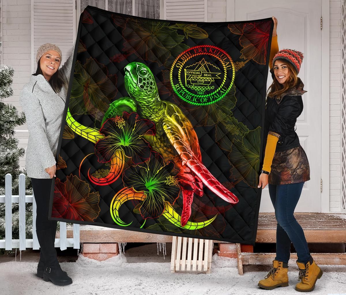 Palau Polynesian Premium Quilt - Turtle With Blooming Hibiscus Reggae
