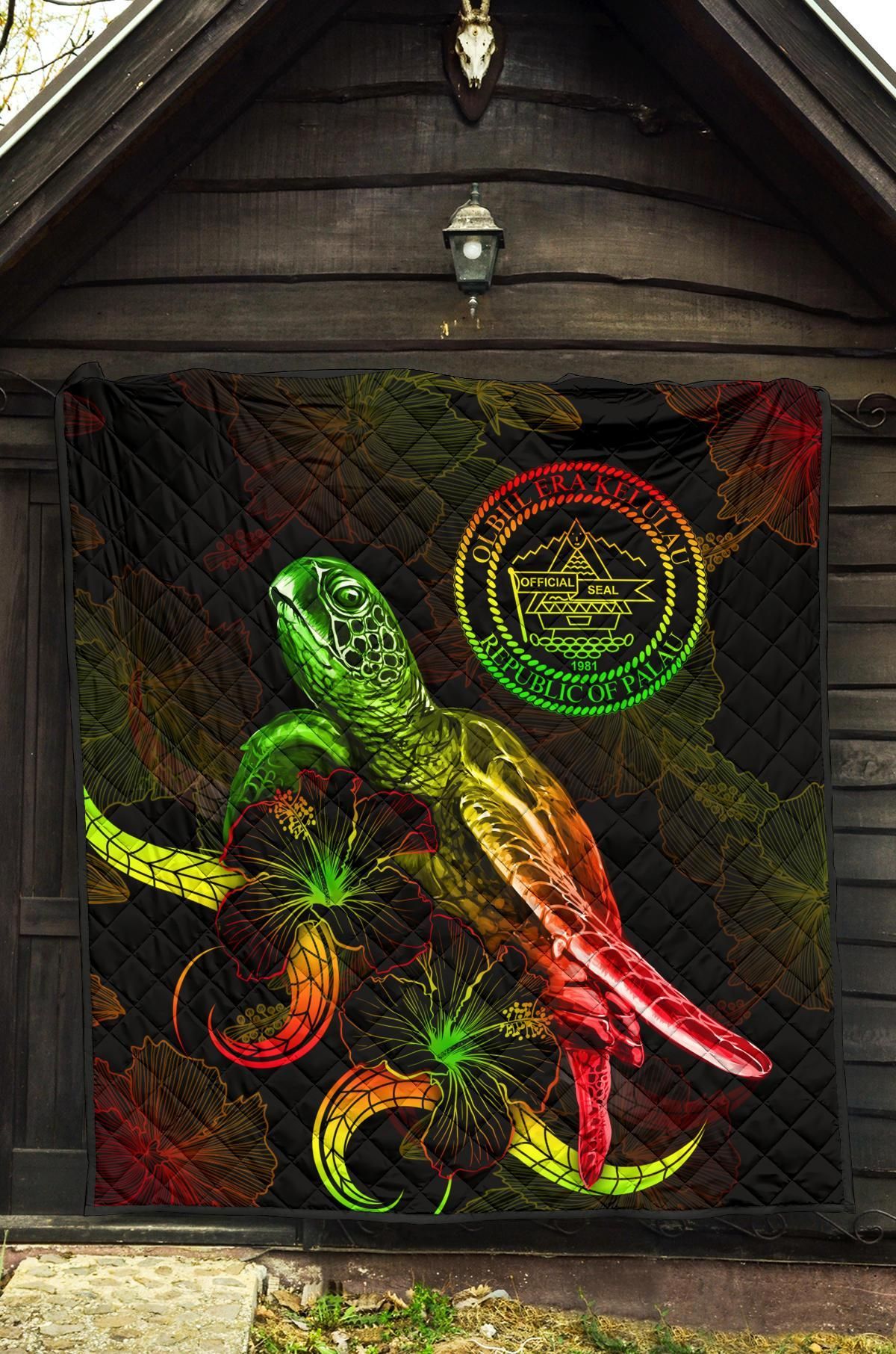 Palau Polynesian Premium Quilt - Turtle With Blooming Hibiscus Reggae