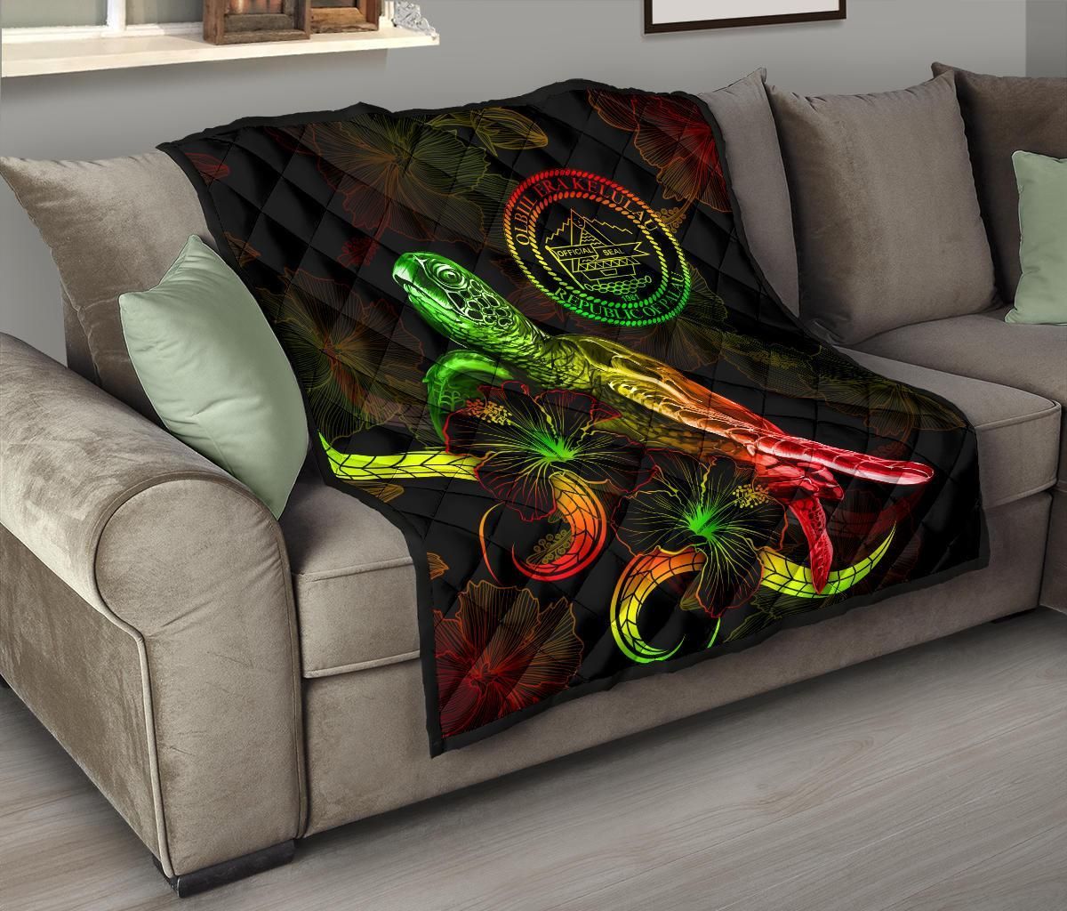 Palau Polynesian Premium Quilt - Turtle With Blooming Hibiscus Reggae
