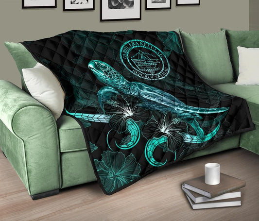 Palau Polynesian Premium Quilt - Turtle With Blooming Hibiscus Turquoise