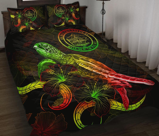 Palau Polynesian Quilt Bed Set - Turtle With Blooming Hibiscus Reggae