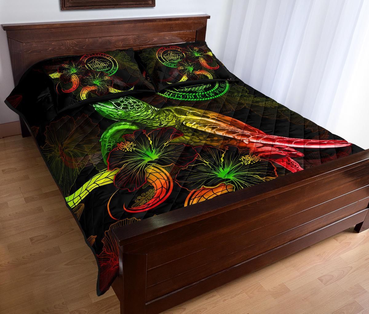 Palau Polynesian Quilt Bed Set - Turtle With Blooming Hibiscus Reggae
