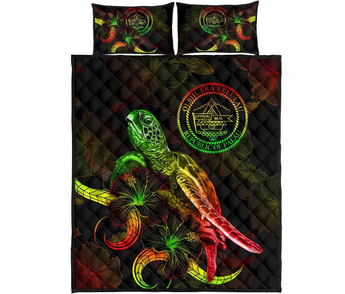 Palau Polynesian Quilt Bed Set - Turtle With Blooming Hibiscus Reggae