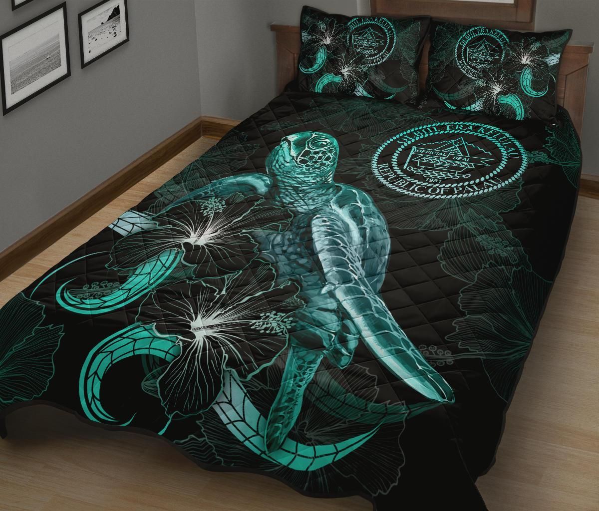 Palau Polynesian Quilt Bed Set - Turtle With Blooming Hibiscus Turquoise