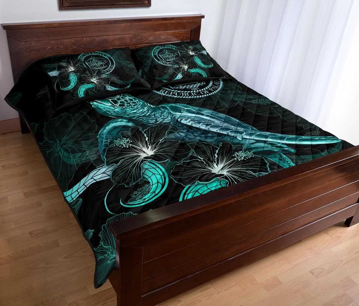 Palau Polynesian Quilt Bed Set - Turtle With Blooming Hibiscus Turquoise