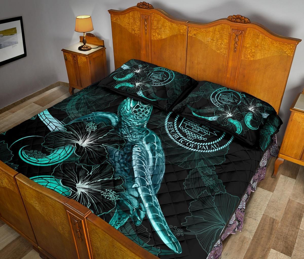 Palau Polynesian Quilt Bed Set - Turtle With Blooming Hibiscus Turquoise