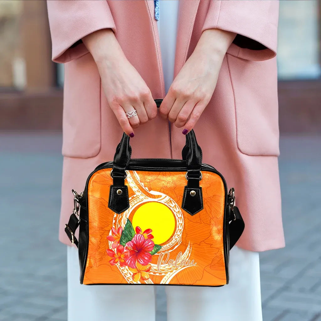 Palau Polynesian Shoulder Handbag - Orange Floral With Seal