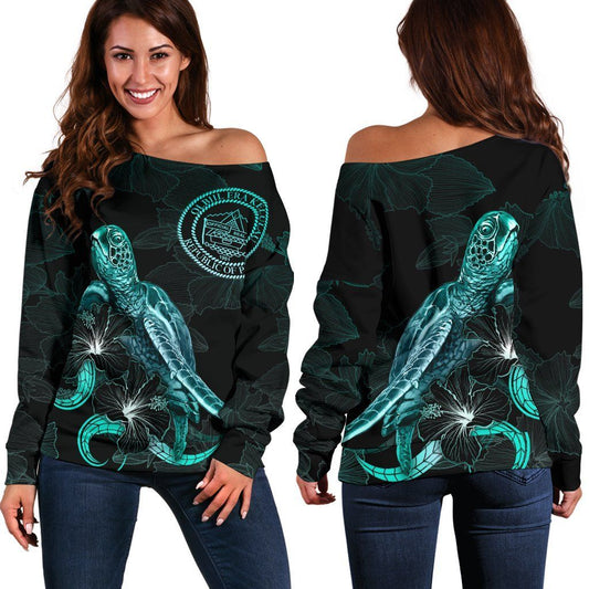 Palau Polynesian Women Off Shoulder Sweater - Turtle With Blooming Hibiscus Turquoise