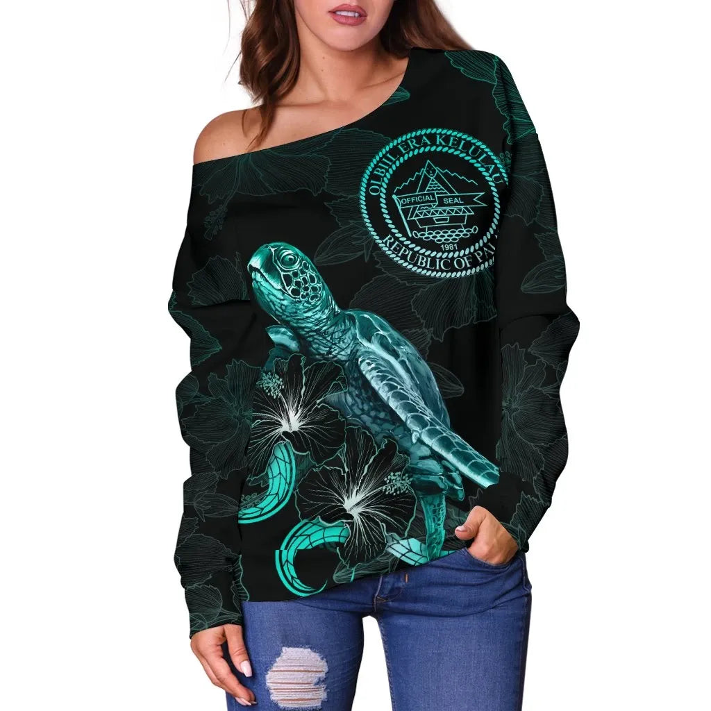 Palau Polynesian Women Off Shoulder Sweater - Turtle With Blooming Hibiscus Turquoise