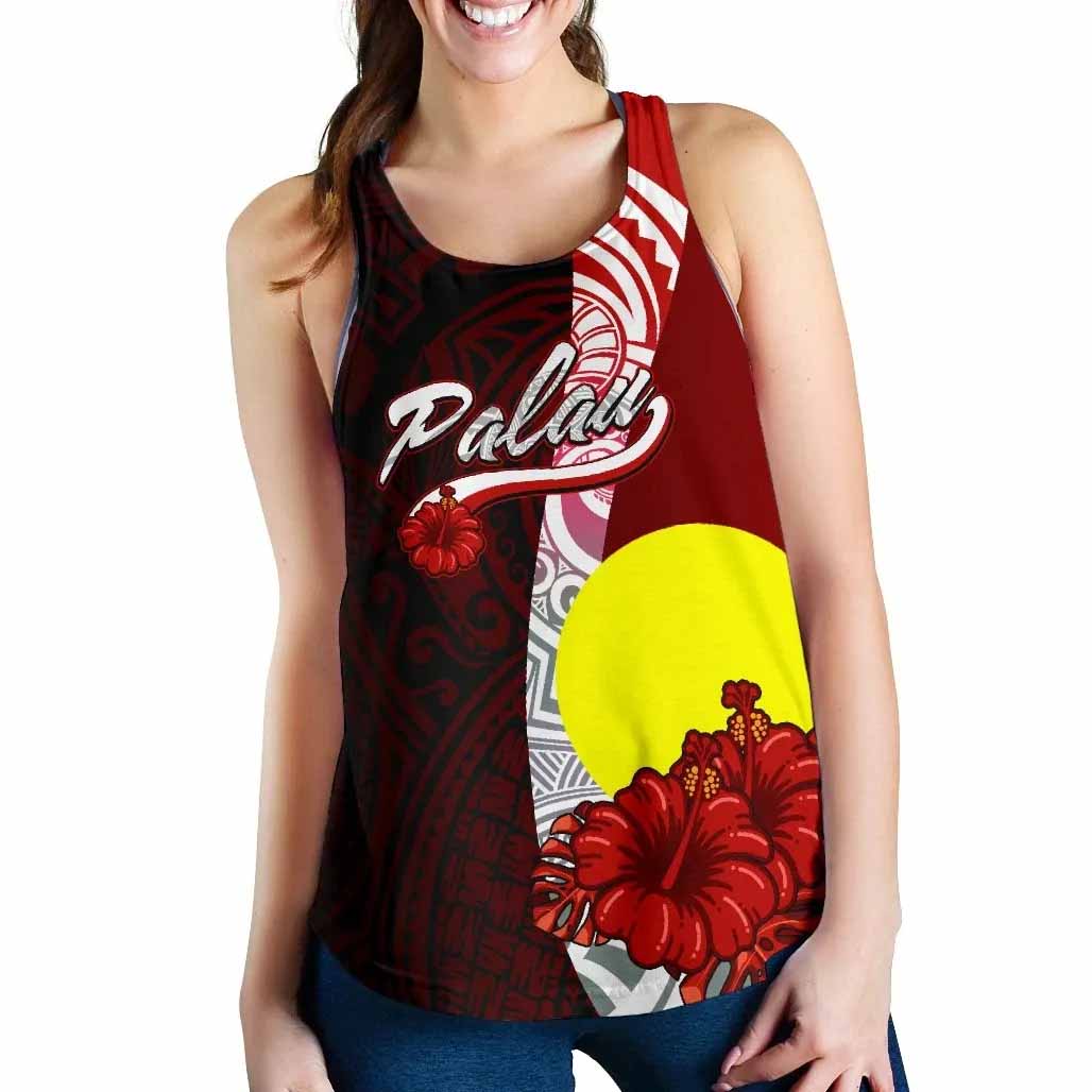 Palau Polynesian Women Racerback Tank - Coat Of Arm With Hibiscus