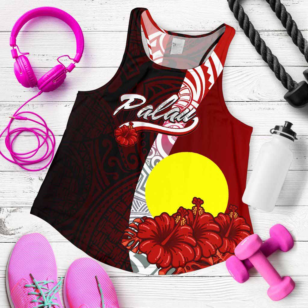 Palau Polynesian Women Racerback Tank - Coat Of Arm With Hibiscus