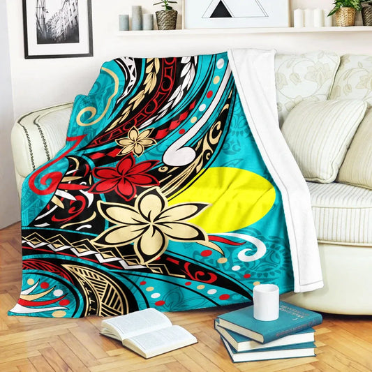 Palau Premium Blanket - Tribal Flower With Special Turtles Blue Color