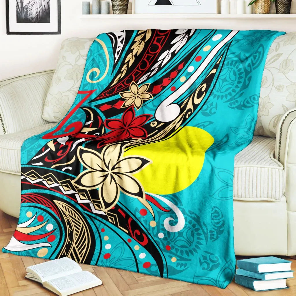 Palau Premium Blanket - Tribal Flower With Special Turtles Blue Color