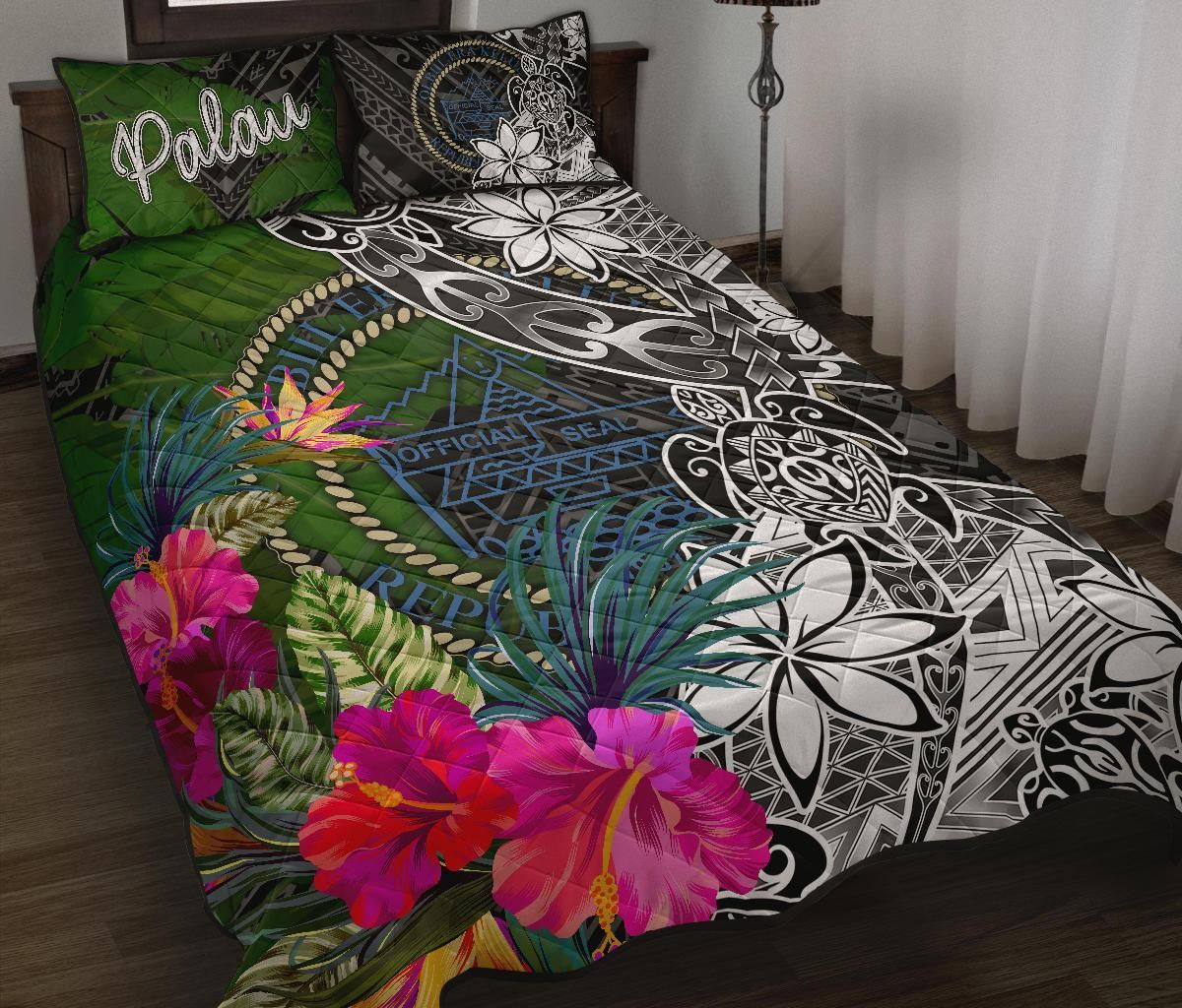 Palau Quilt Bed Set - Turtle Plumeria Banana Leaf Crest