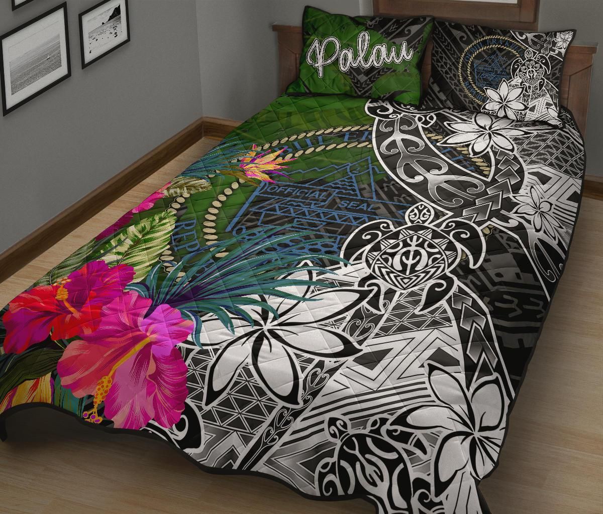 Palau Quilt Bed Set - Turtle Plumeria Banana Leaf Crest