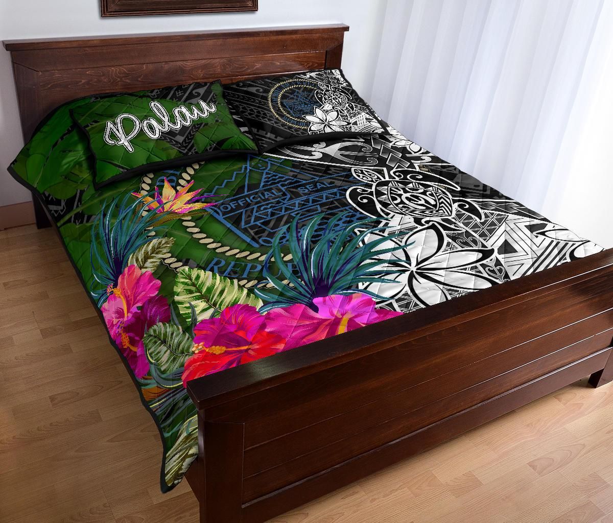 Palau Quilt Bed Set - Turtle Plumeria Banana Leaf Crest