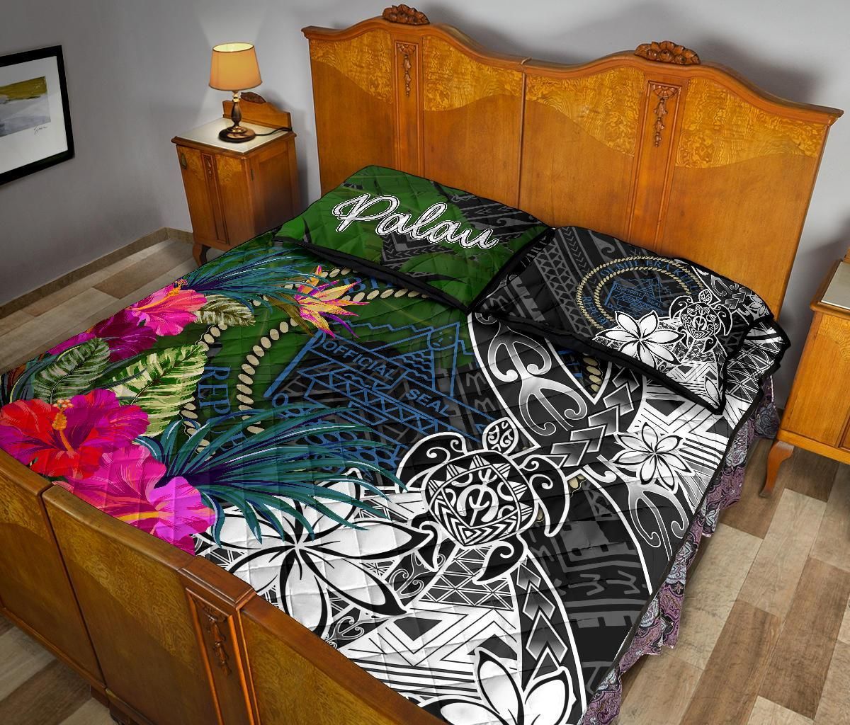 Palau Quilt Bed Set - Turtle Plumeria Banana Leaf Crest