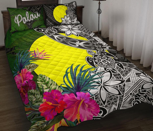 Palau Quilt Bed Set - Turtle Plumeria Banana Leaf
