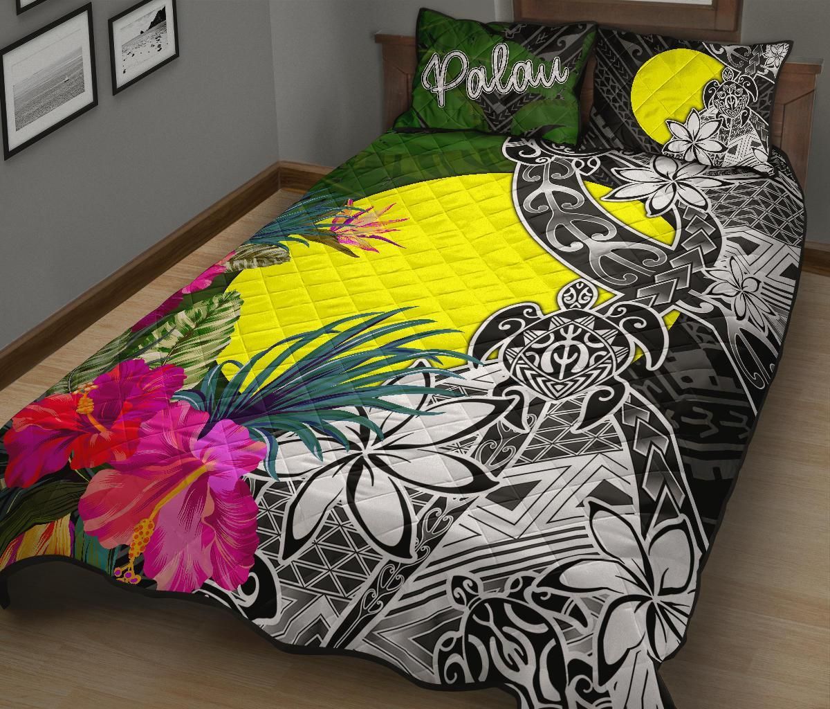 Palau Quilt Bed Set - Turtle Plumeria Banana Leaf