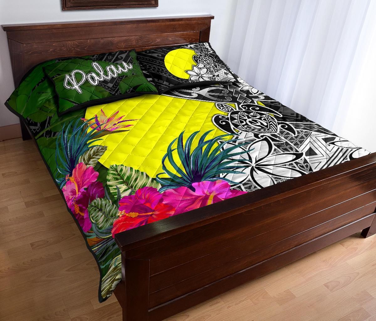 Palau Quilt Bed Set - Turtle Plumeria Banana Leaf
