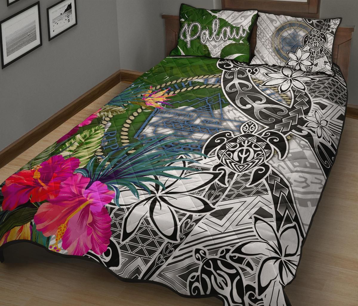 Palau Quilt Bed Set White - Turtle Plumeria Banana Leaf Crest