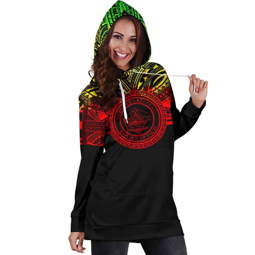 Palau Female Hoodie Dress - Palau Coat Of Arms Polynesian Reggae Color