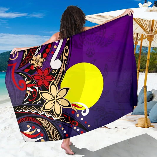 Palau Sarong - Tribal Flower With Special Turtles Purple Color