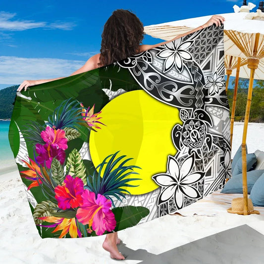 Palau Sarong White - Turtle Plumeria Banana Leaf
