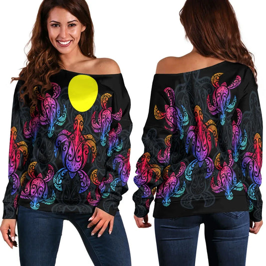 Palau Women Off Shoulder Sweaters - Sea Turtle In Tribal Polynesian Style