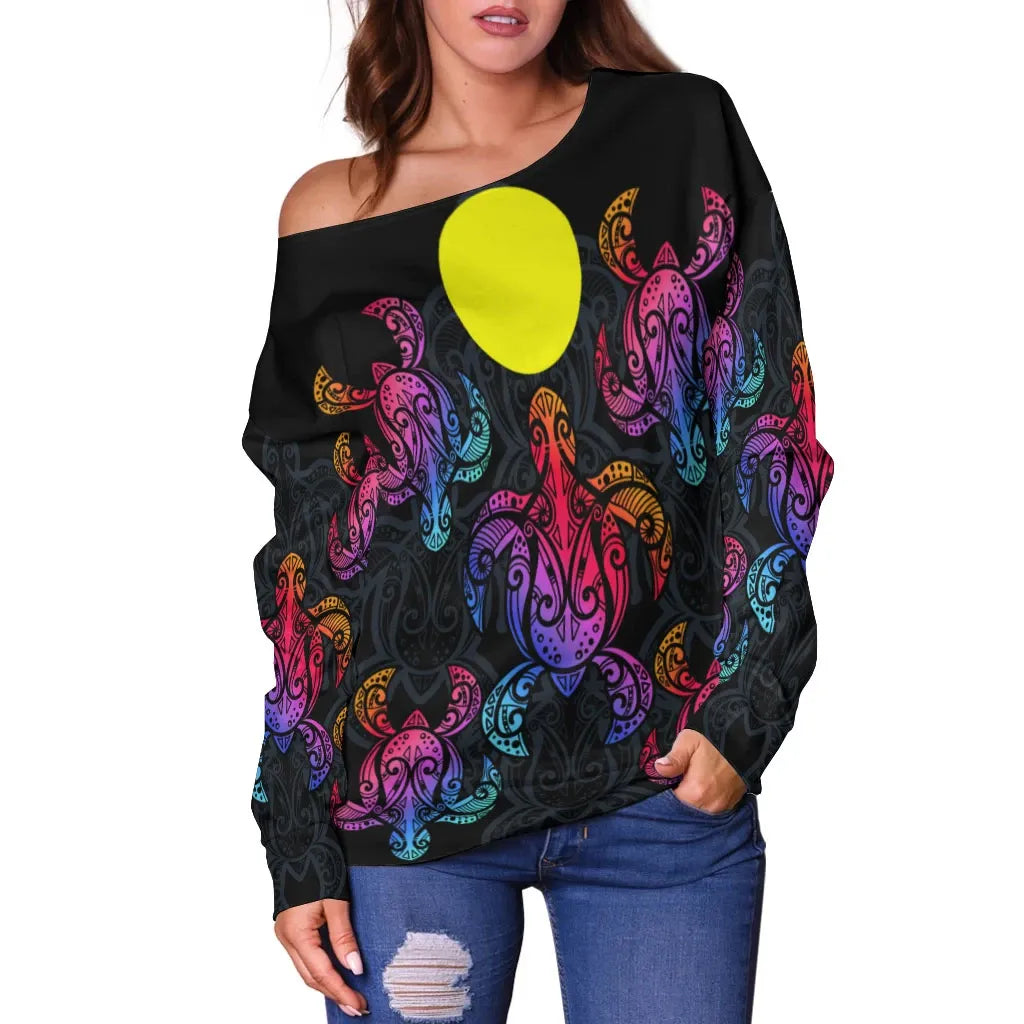Palau Women Off Shoulder Sweaters - Sea Turtle In Tribal Polynesian Style