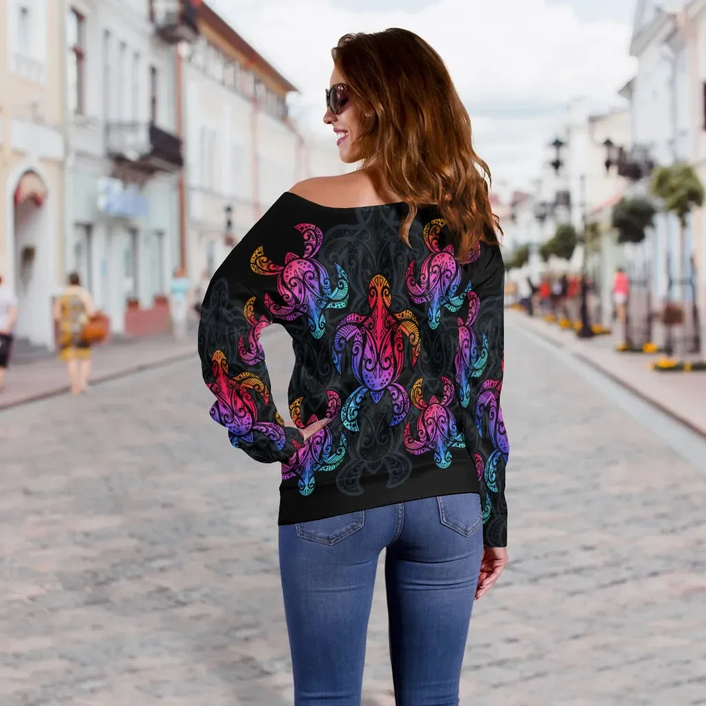 Palau Women Off Shoulder Sweaters - Sea Turtle In Tribal Polynesian Style
