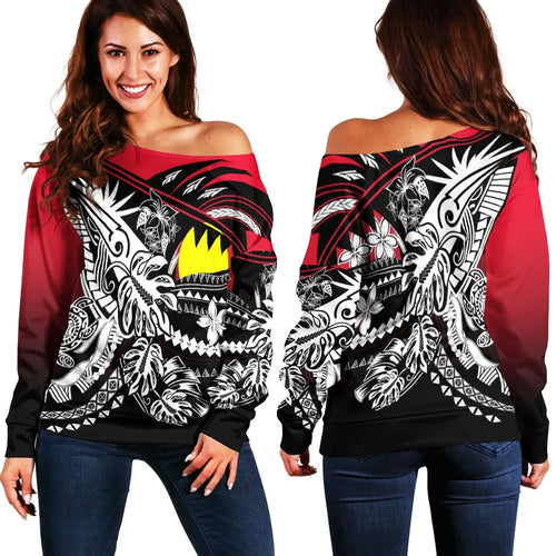 Palau Women Off Shoulder Sweaters - Tribal Jungle Pattern Red Color