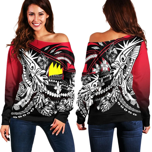 Palau Women Off Shoulder Sweaters - Tribal Jungle Pattern Red Color