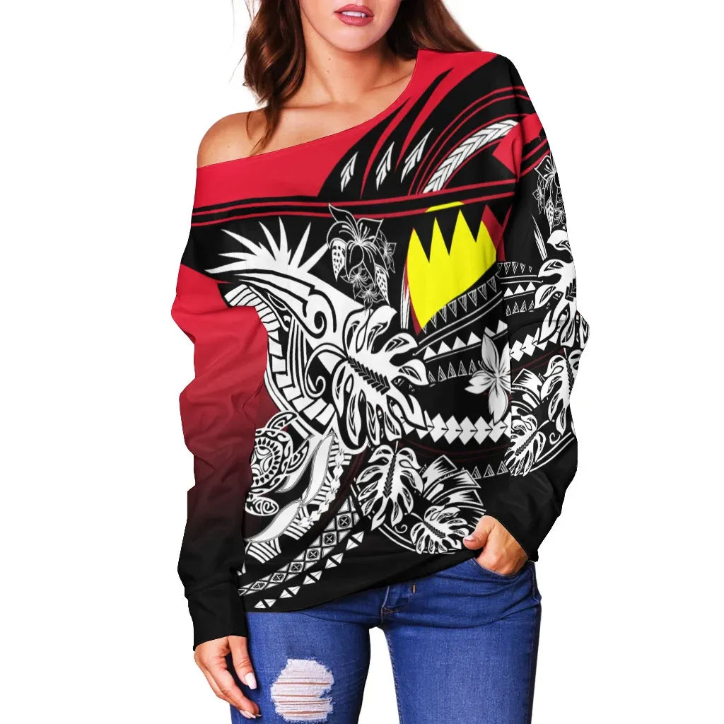 Palau Women Off Shoulder Sweaters - Tribal Jungle Pattern Red Color