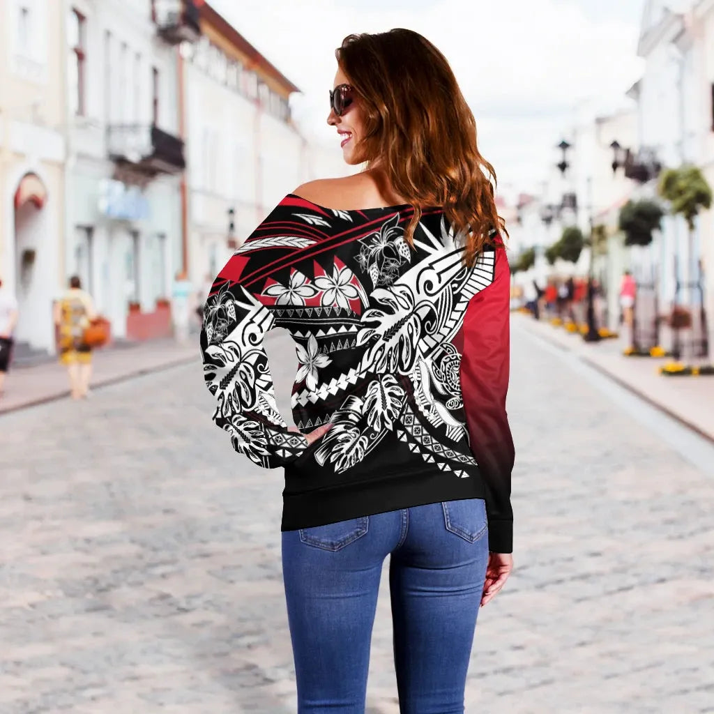 Palau Women Off Shoulder Sweaters - Tribal Jungle Pattern Red Color
