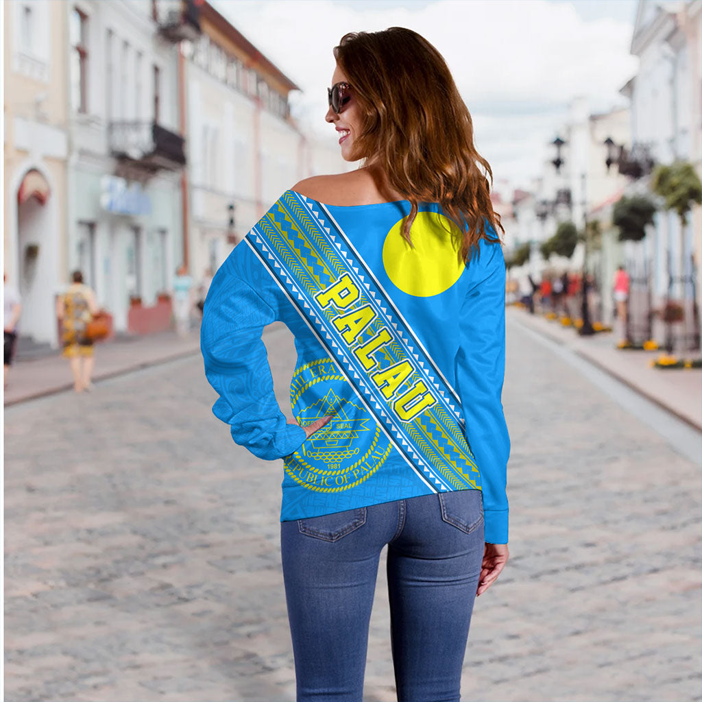 Palau Off Shoulder Sweatshirt Flag And Coat Of Arms
