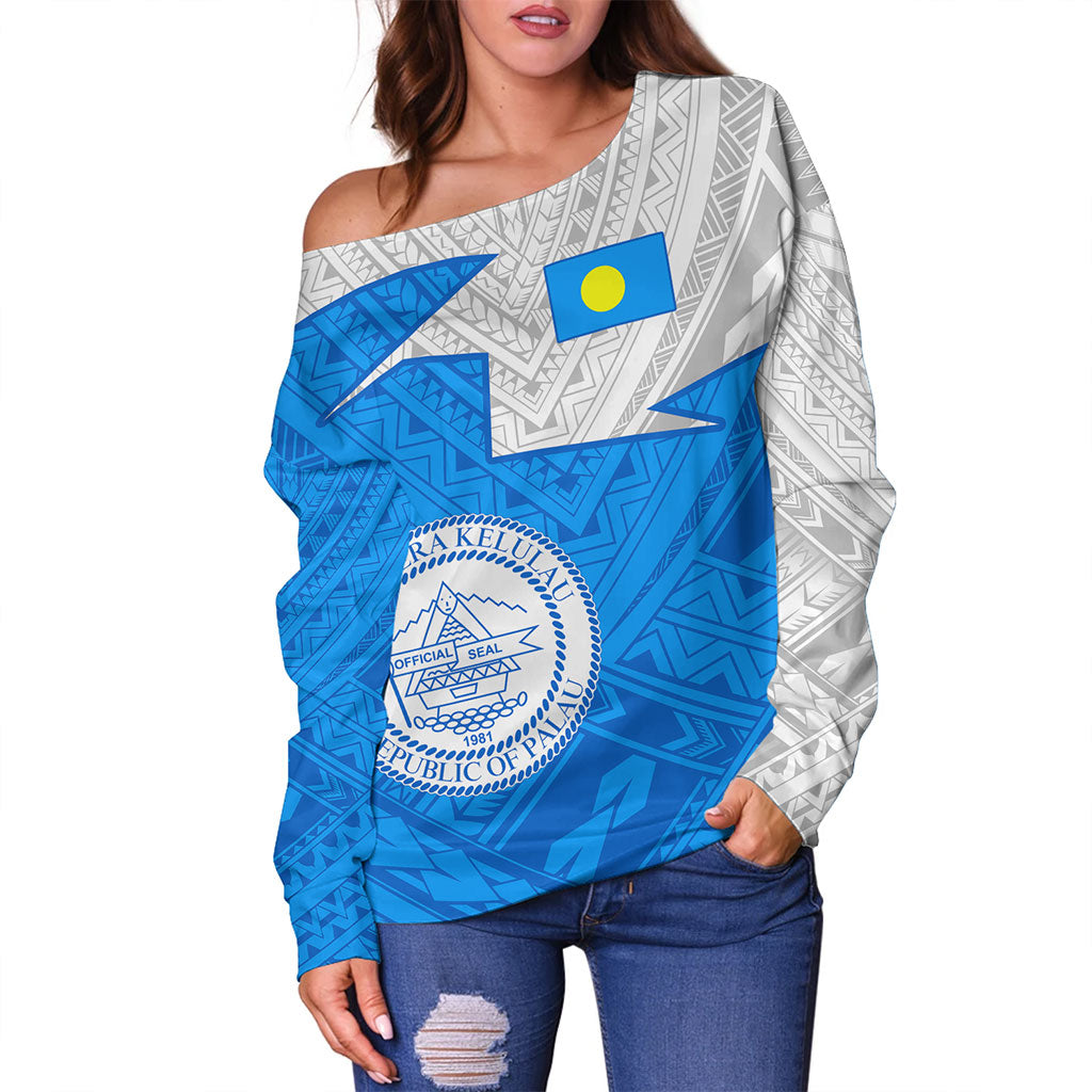 Palau Off Shoulder Sweatshirt Polynesian Tattoo Flag And Coat Of Arms