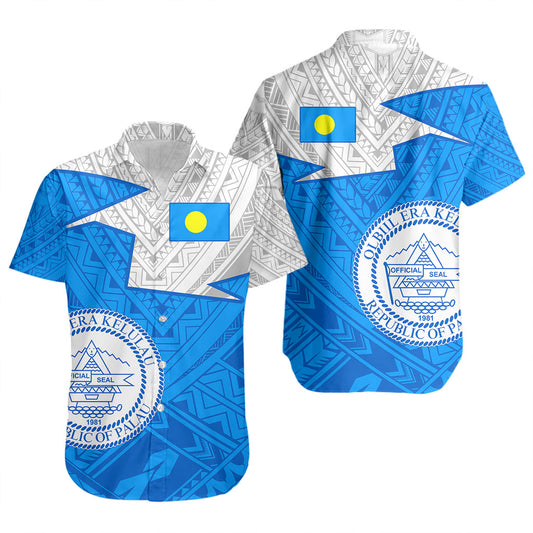 Palau Short Sleeve Shirt Polynesian Tattoo Flag And Coat Of Arms
