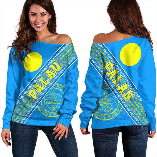 Palau Off Shoulder Sweatshirt Flag And Coat Of Arms