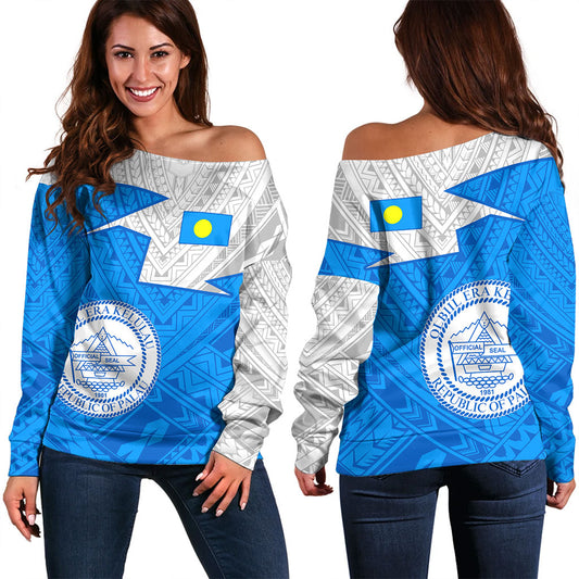 Palau Off Shoulder Sweatshirt Polynesian Tattoo Flag And Coat Of Arms