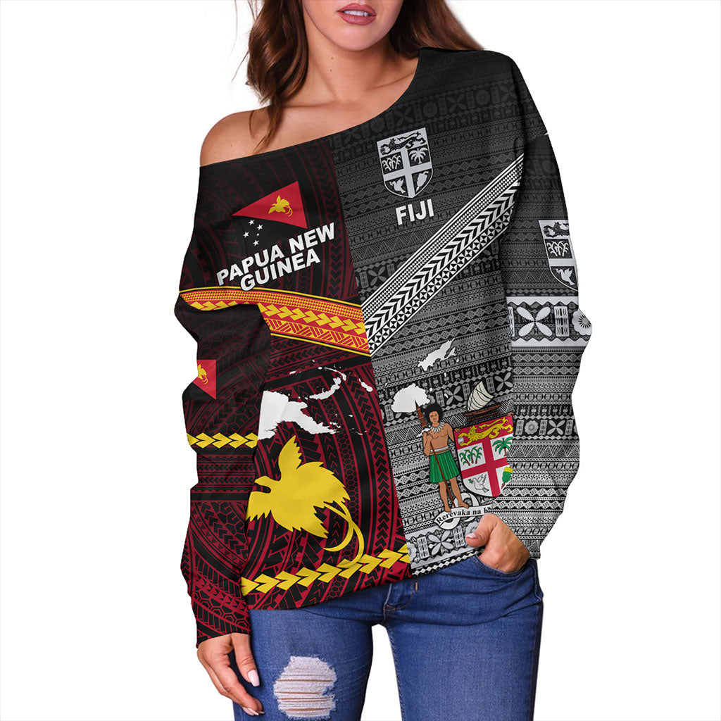 Fiji And Papua Off Shoulder Sweatshirt Polynesian And Tapa Together