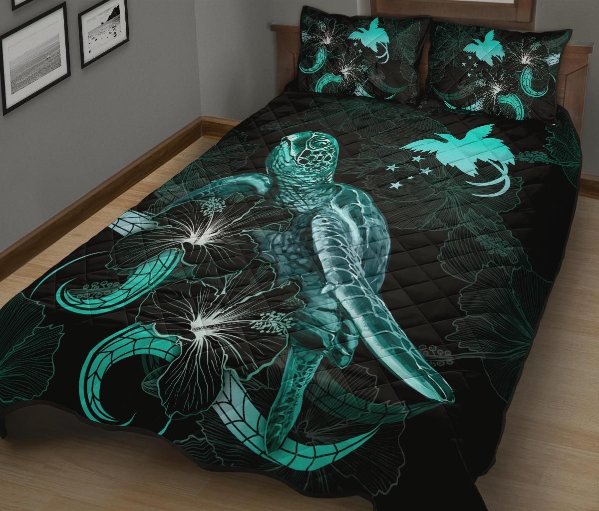 Papua New Guinea Polynesian Quilt Bed Set - Turtle With Blooming Hibiscus Turquoise